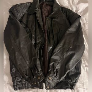 Dark brown vintage leather bomber jacket
